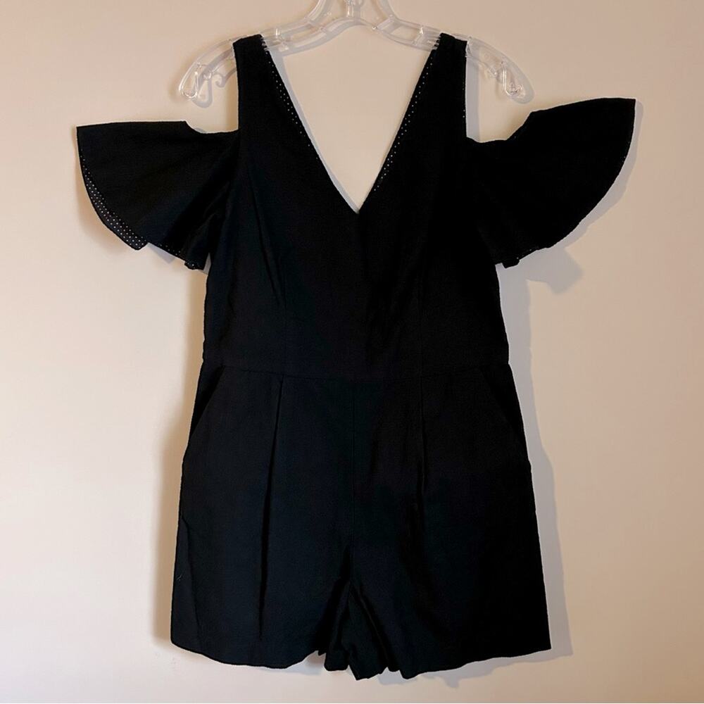 Anthropologie Elevenses Black V-Neck Flutter Sleeves Cold Shoulder Romper Size 6 - Picture 3 of 12